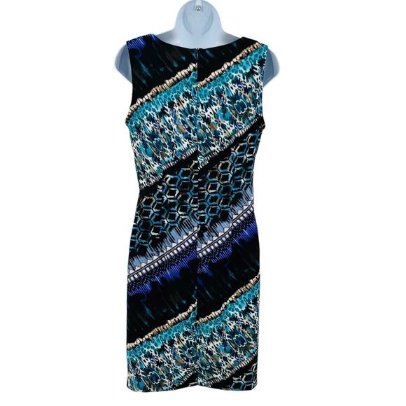 Connected Apparel Watercolor Blue Turquoise Geometric Design Sheath Dress - Picture 7 of 12